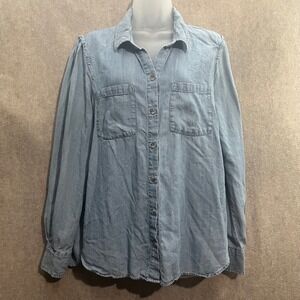 Democracy Womens Chambray Blue Linen Blend Long Sleeve Button Up Shirt Large